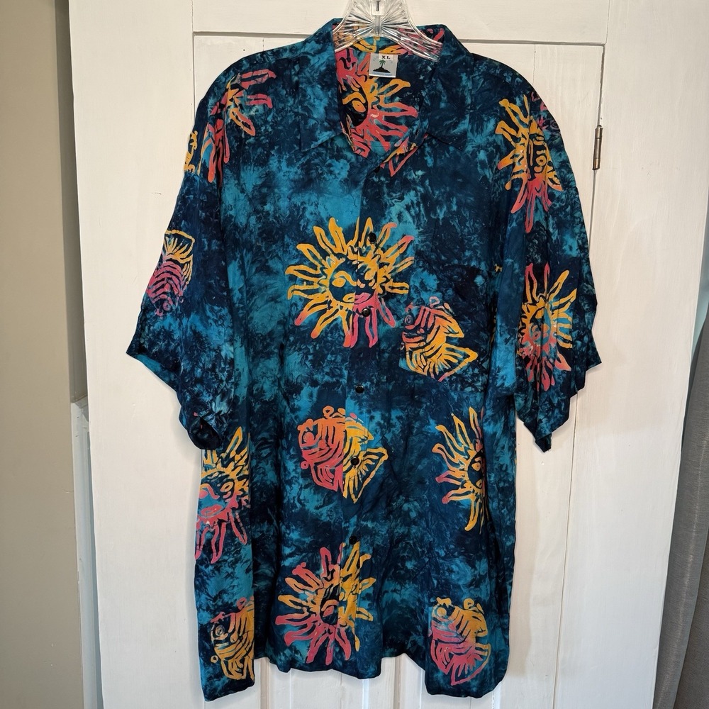 Tropical Sun Shirt Size XL Hawaiian Blue Orange Short Sleeve Men's Button Up